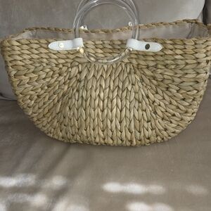Stylish Tan Woven Tote Bag with Clear Handles